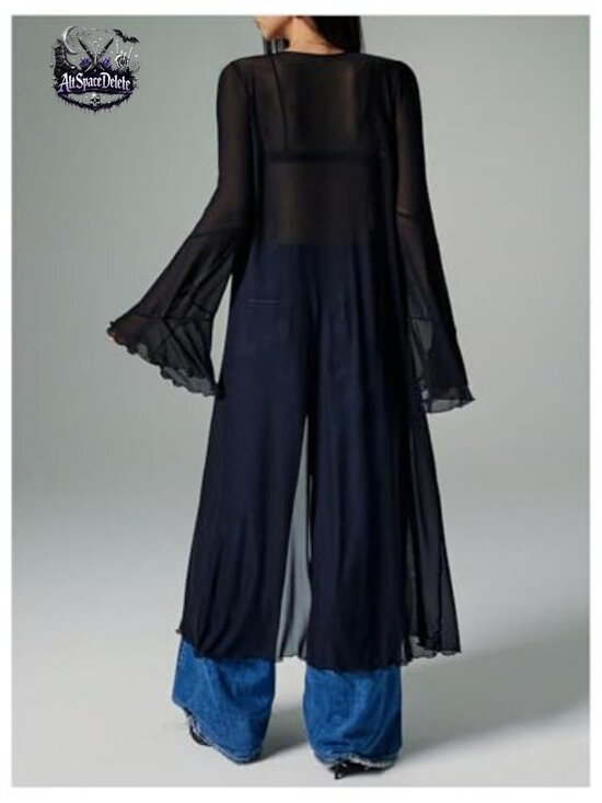 Mesh Tie Front Blouse Bell Sleeve Ruffle Goth Y2K Top - Picture 2 of 5